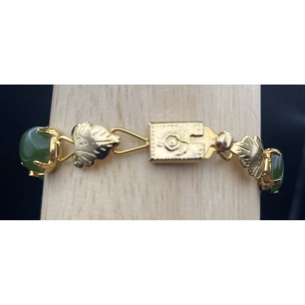 Vtg Green Jadeite Bracelet Gold Plated Bamboo Accent Floral Box Clasp 7" UV Test - Picture 3 of 16